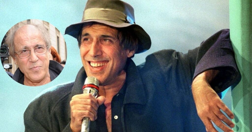 Adriano Celentano performing on stage during a concert, showcasing his iconic energetic dance moves and powerful stage presence, highlighting his legendary music career."

